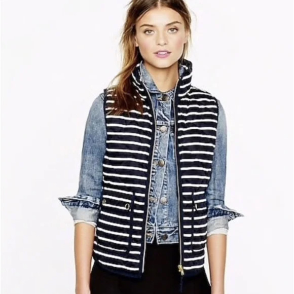 J.Crew Excursion Quilted Down Feather Gold Button Navy & White Stripe Vest - Picture 1 of 8